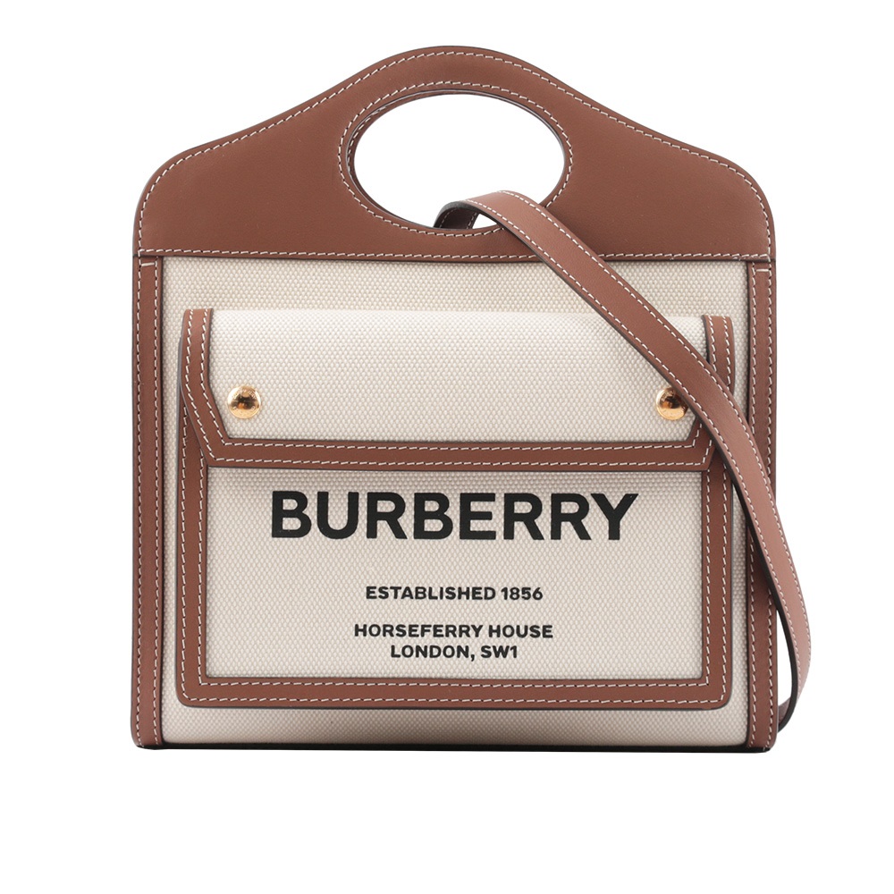 BURBERRY 帆布拼皮革手提/斜背口袋包(Mini)(自然色/麥芽棕) 8039361