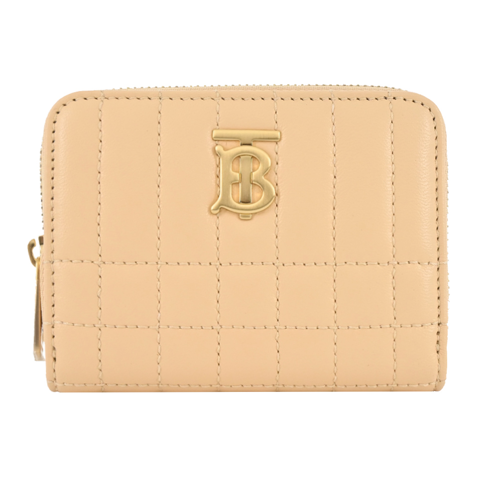 BURBERRY Lola TB金字LOGO格紋絎縫羔羊拉鍊零錢包(金沙色)