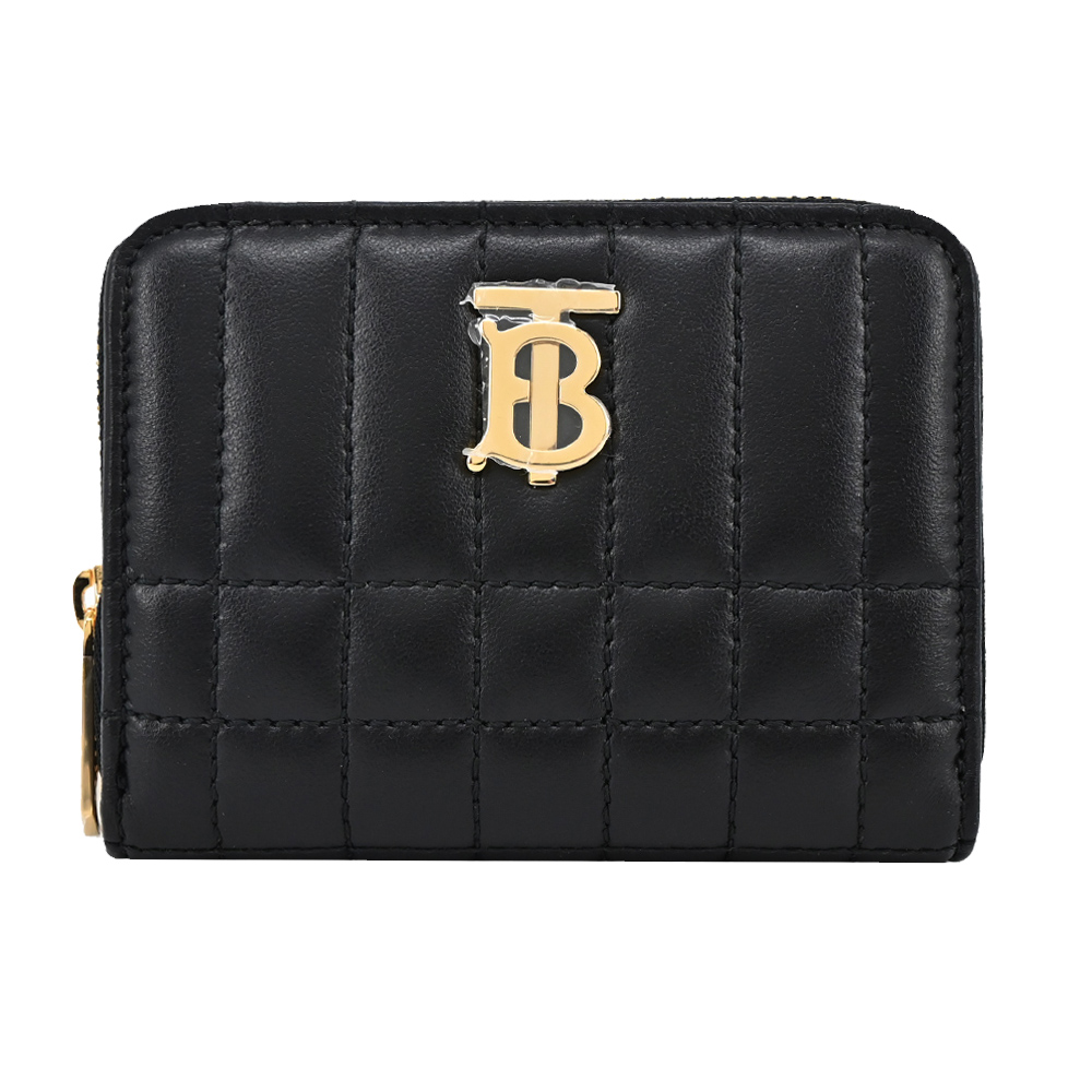 BURBERRY Lola TB金字LOGO格紋絎縫羔羊拉鍊零錢包(黑色)