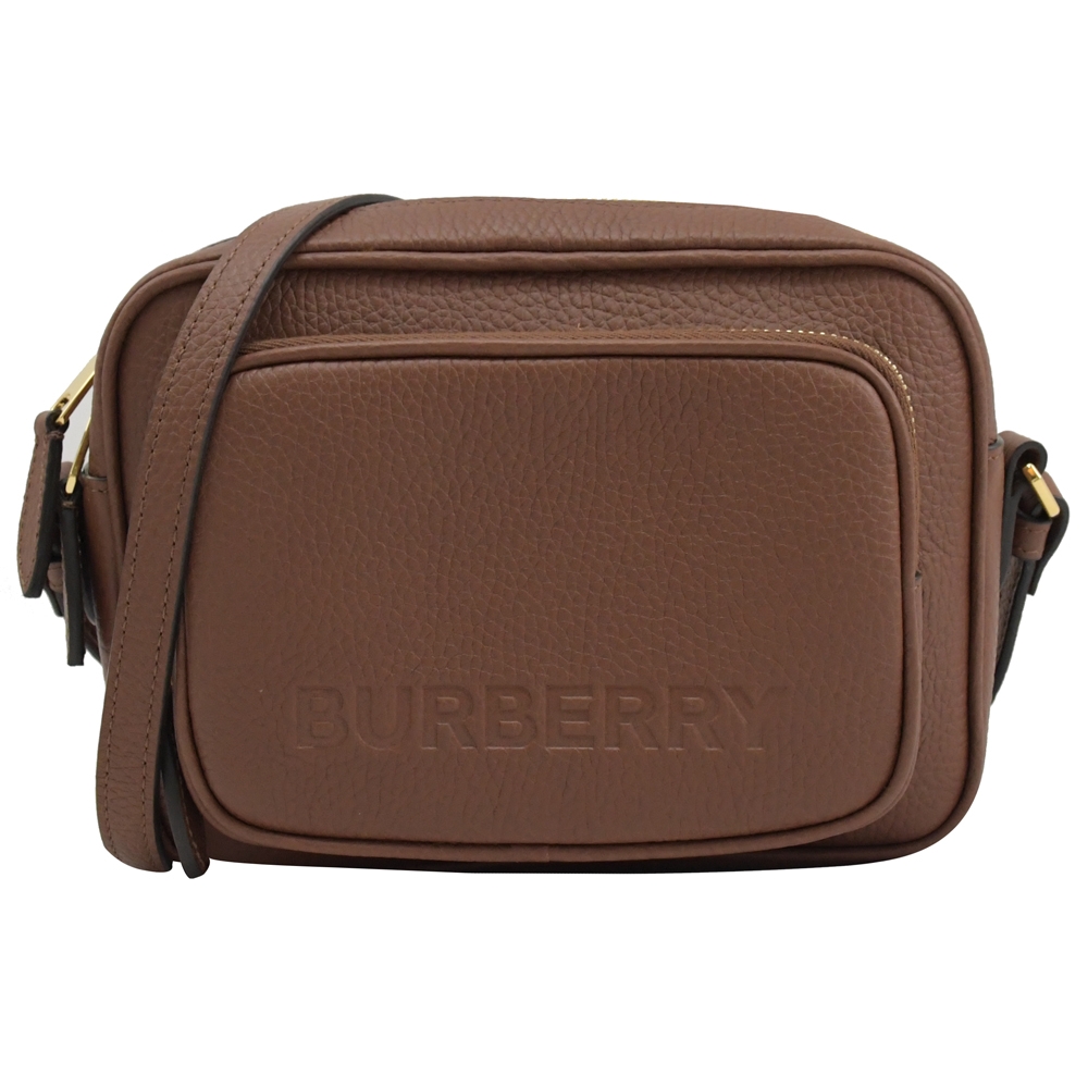 BURBERRY 8061571 烙印LOGO牛皮前口袋斜背相機包.咖