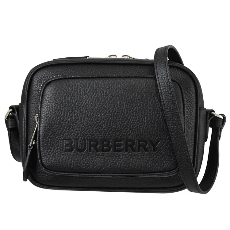 BURBERRY 8061569烙印LOGO牛皮前口袋斜背相機包.黑