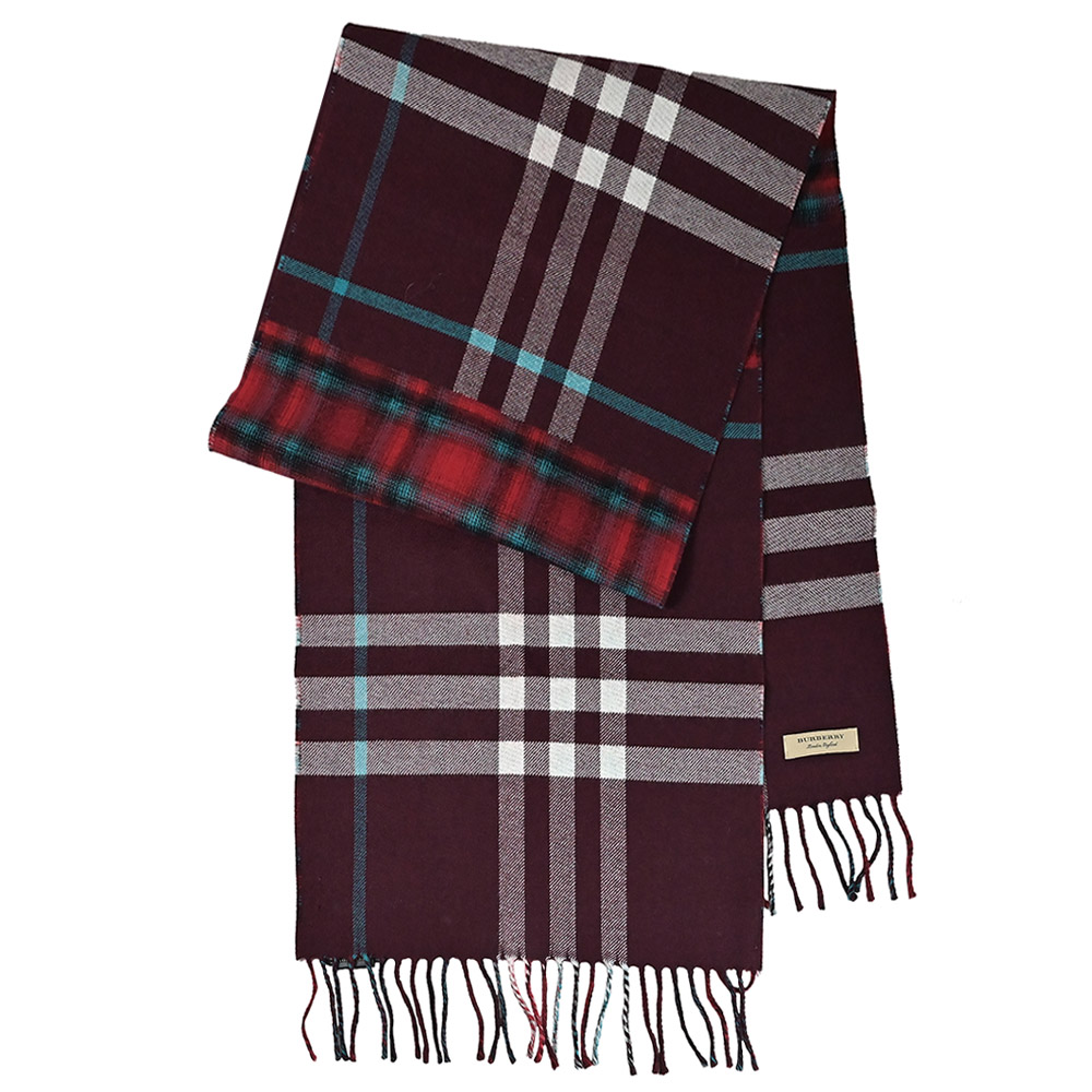 BURBERRY 4060115 英系格紋純羊毛針織流蘇長圍巾.紅/綠