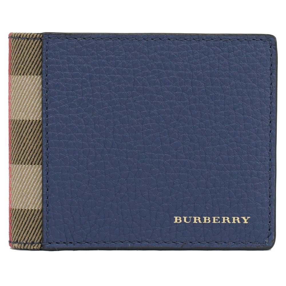 BURBERRY 4062934 經典LOGO格紋棉麻拼接6卡短夾.寶藍