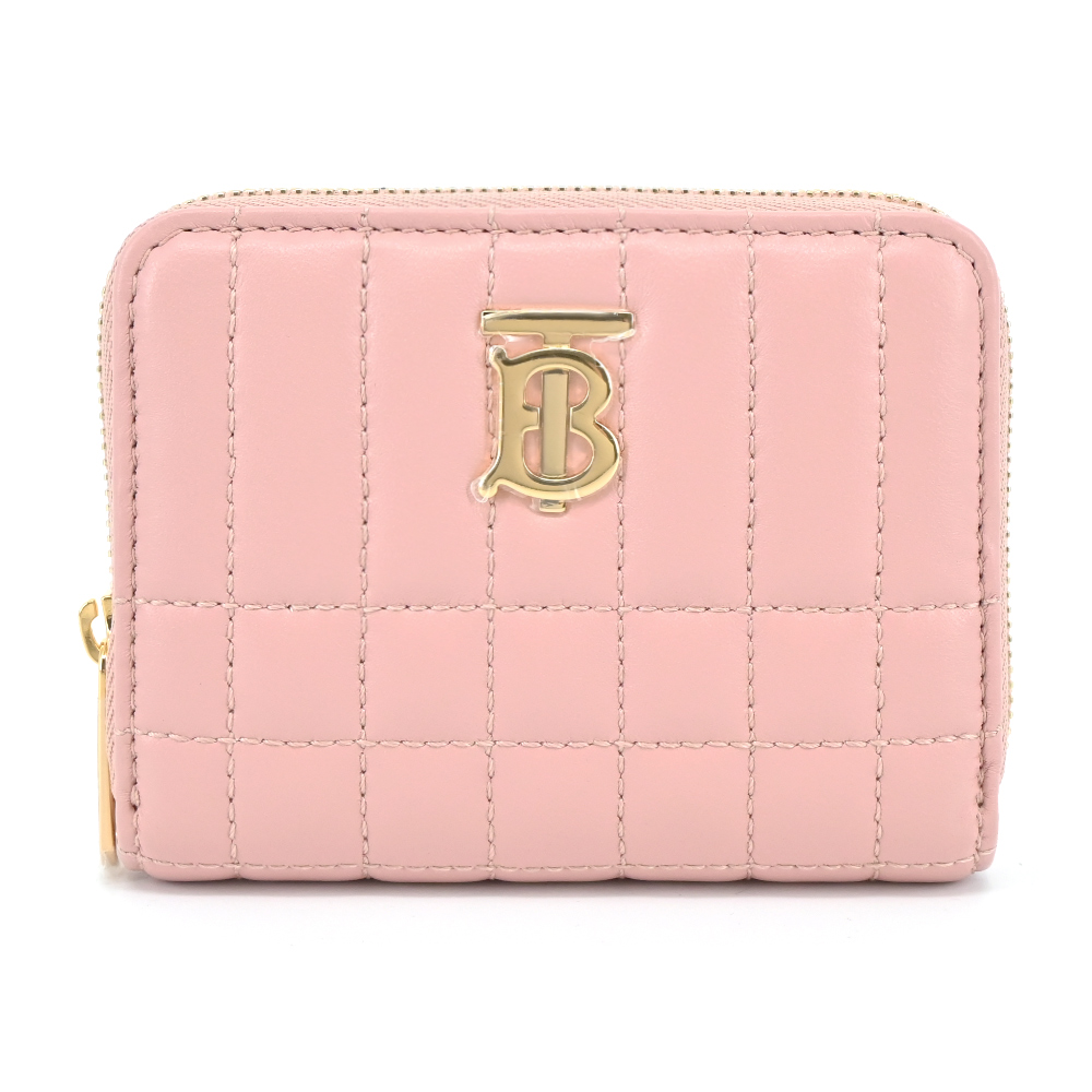 BURBERRY Lola TB金字LOGO格紋絎縫羔羊拉鍊零錢包(粉色)