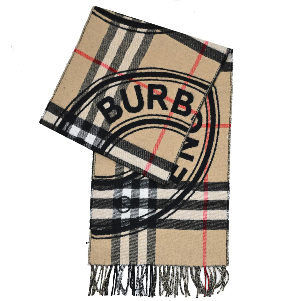 BURBERRY 8059391 格紋雙面印花山羊絨長圍巾.卡其/黑