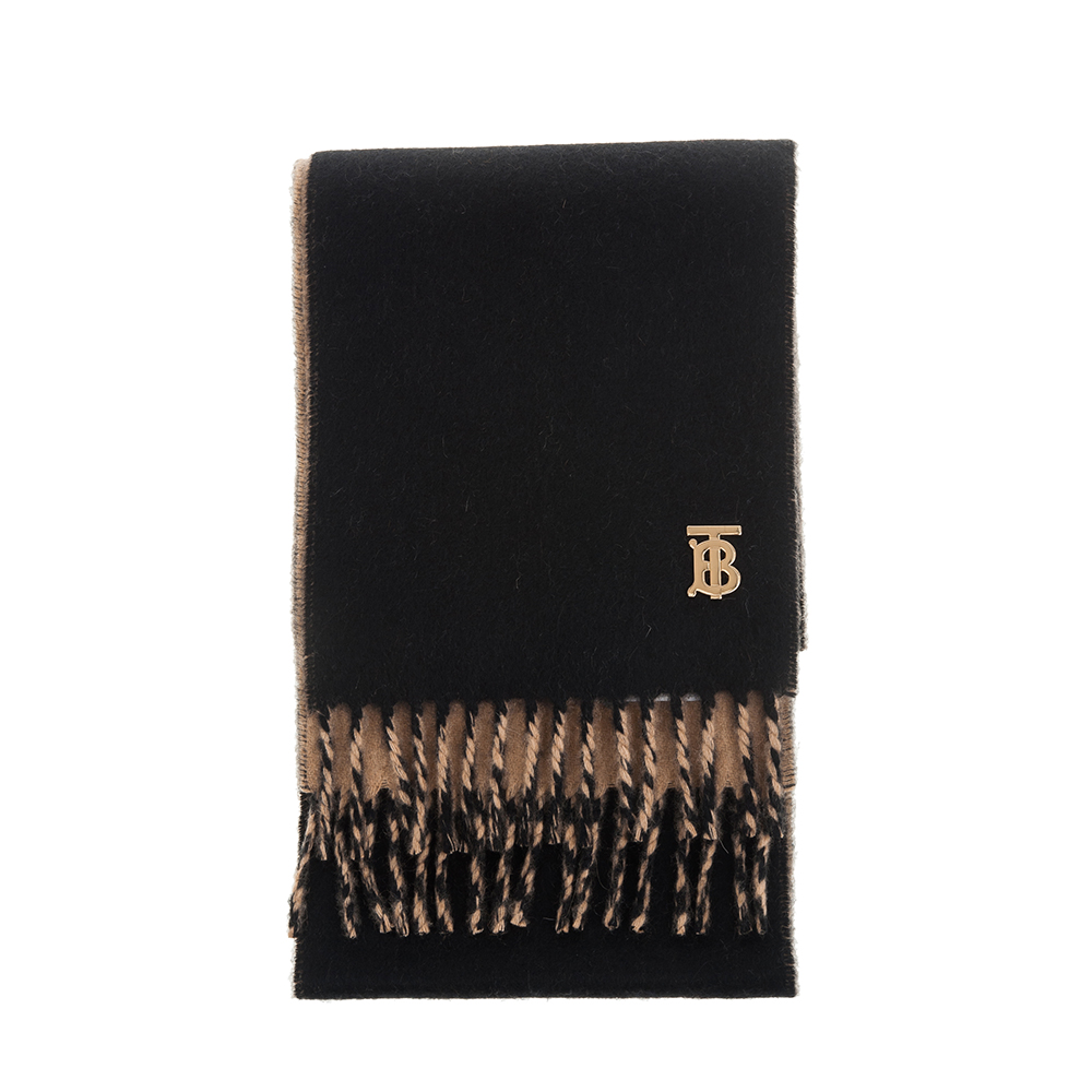BURBERRY 經典雙面雙色金屬TB字母花押字圖案喀什米爾圍巾 (黑色/棕色)