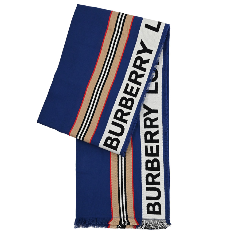 BURBERRY 8067360 撞色條紋印花保暖長圍巾/披肩.藍