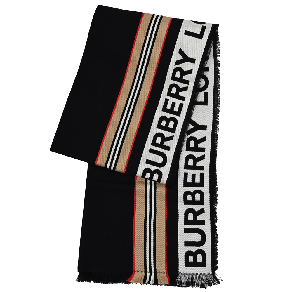 BURBERRY 8047348 撞色條紋印花保暖長圍巾/披肩.黑