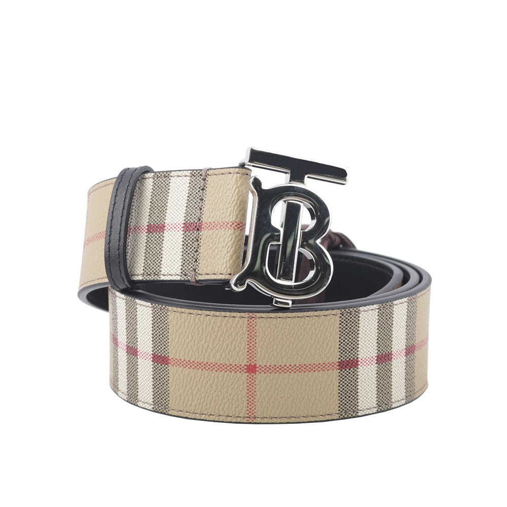 BURBERRY 銀色TB Logo 帆布拼牛皮寬4cm皮帶(米色) 80702941