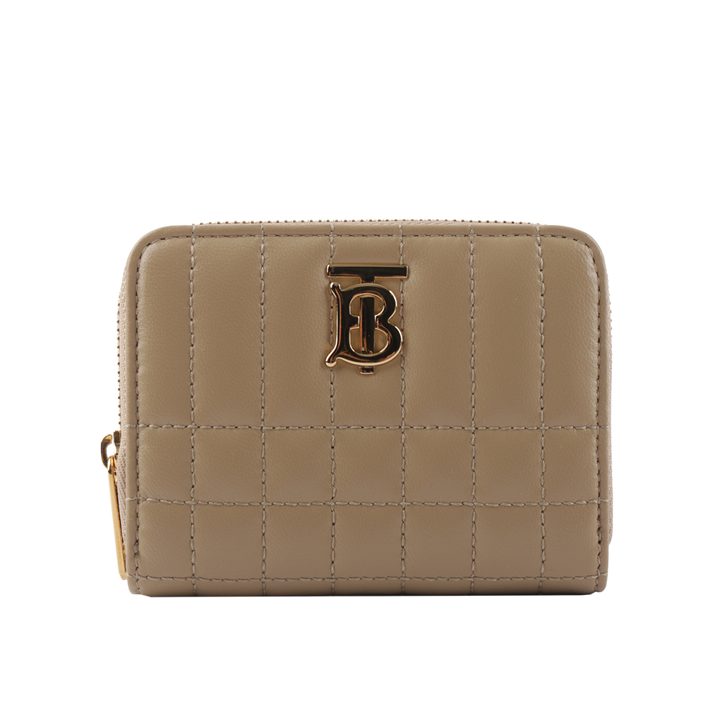 BURBERRY Lola 金字小羊皮縫線設計ㄇ形拉鍊零錢包(燕麥色) 80660431