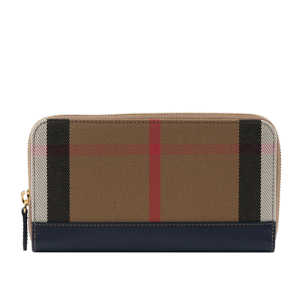 BURBERRY 格紋拼皮革ㄇ型拉鍊長夾(海軍藍) 80845161