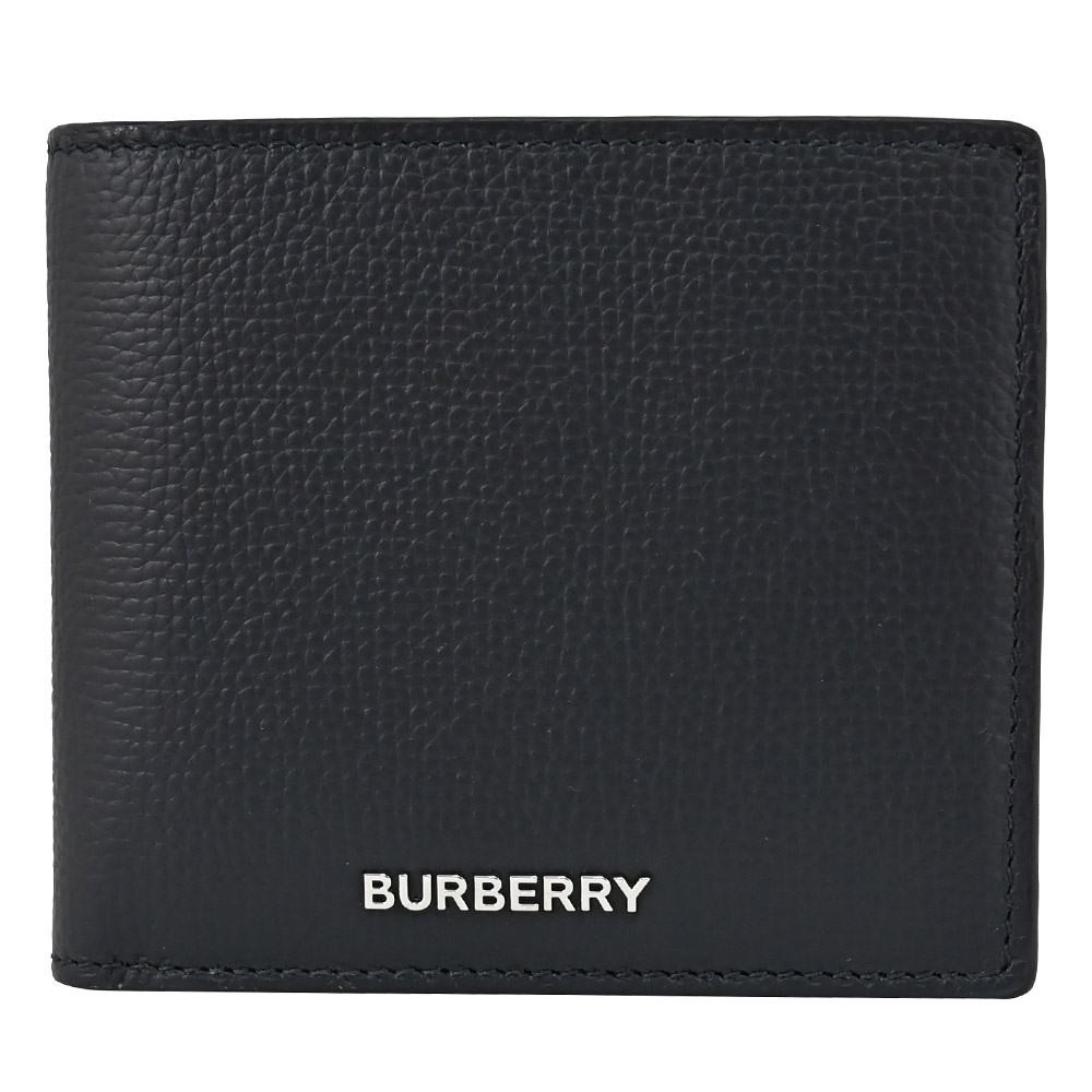 BURBERRY 8084620 簡約金屬LOGO牛皮對開8卡短夾.黑藍