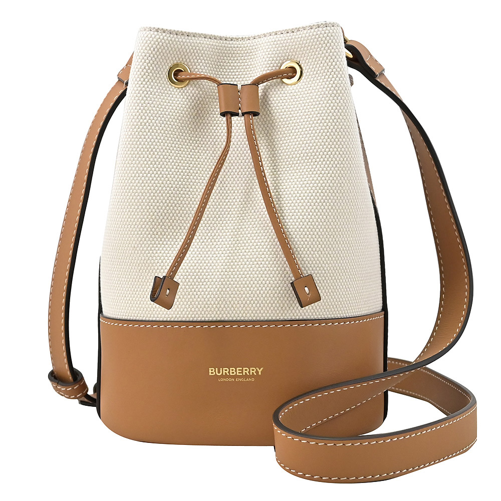 BURBERRY 8084614 經典帆布牛皮拼接斜背束口水桶包.咖邊