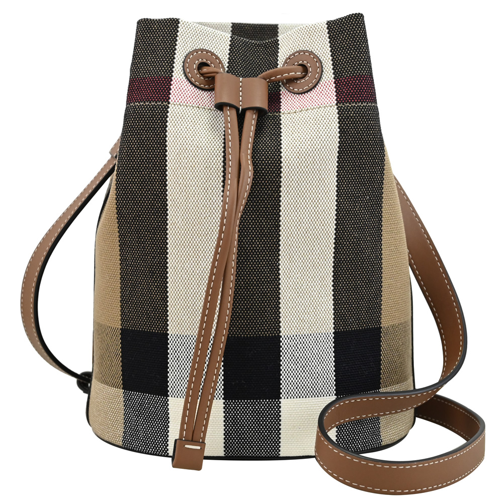 BURBERRY 8084045 經典格紋帆布拼接牛皮斜背束口水桶包.咖