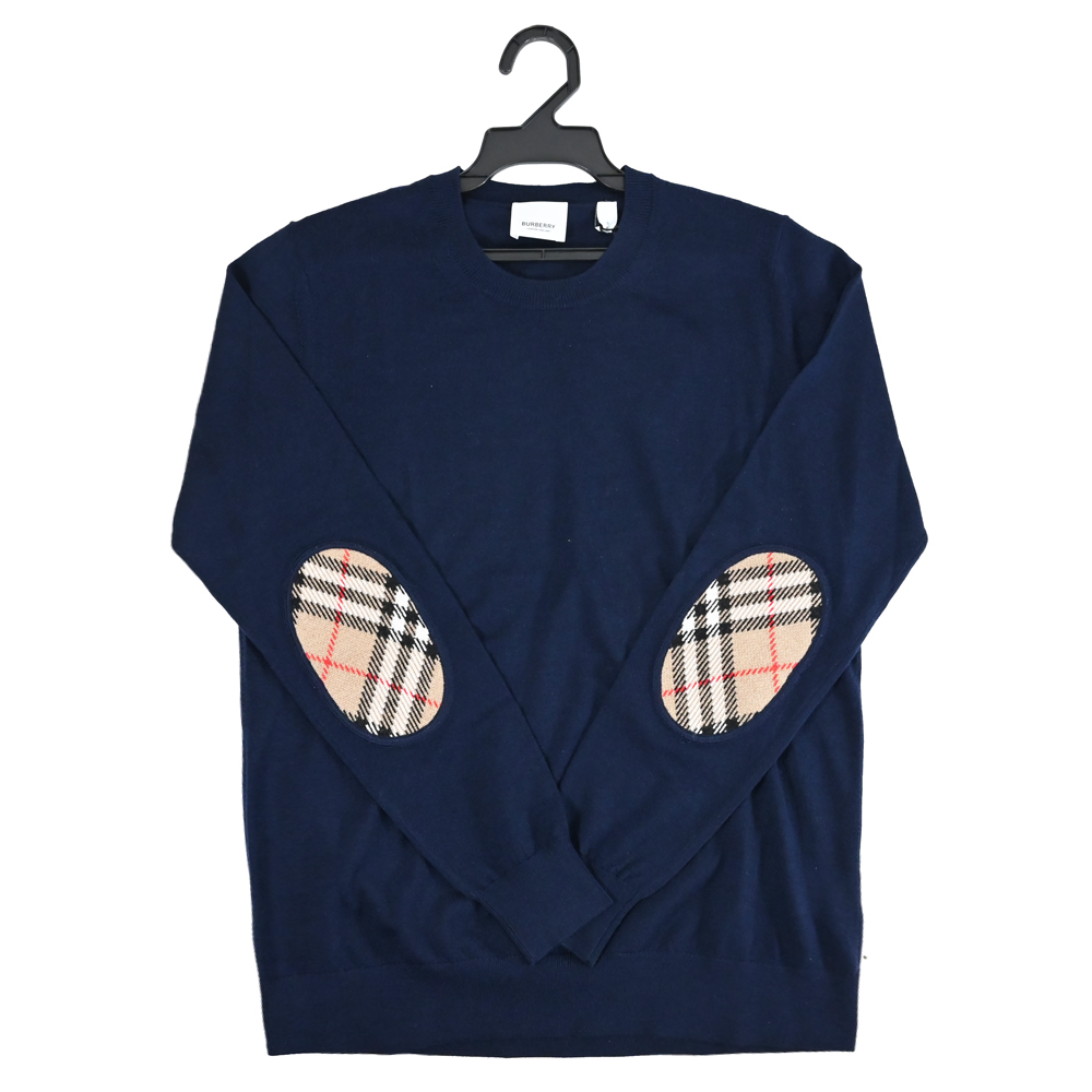 BURBERRY 8091036 BEMPTON 品牌格紋裝飾羊毛長袖針織衫.深藍