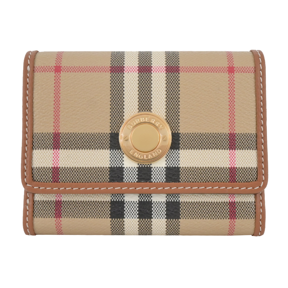 BURBERRY浮雕LOGO格紋皮革小型三折短夾(卡其)