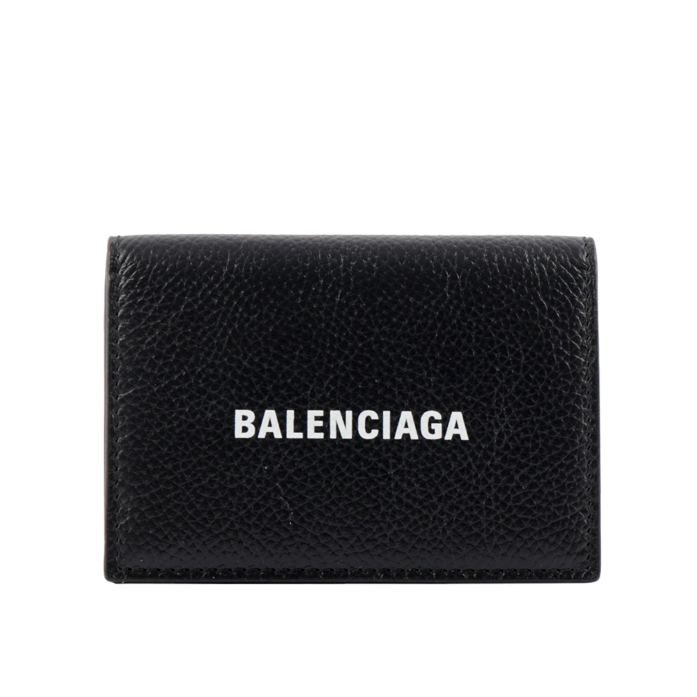 BALENCIAGA 經典LOGO 粒紋牛皮雙釦迷你三折短夾(黑色) 594312 1IZI3 1090