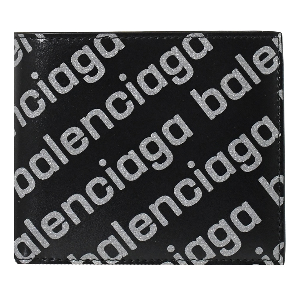 BALENCIAGA 巴黎世家 594549 滿版LOGO印花小牛皮對開8卡短夾.黑銀