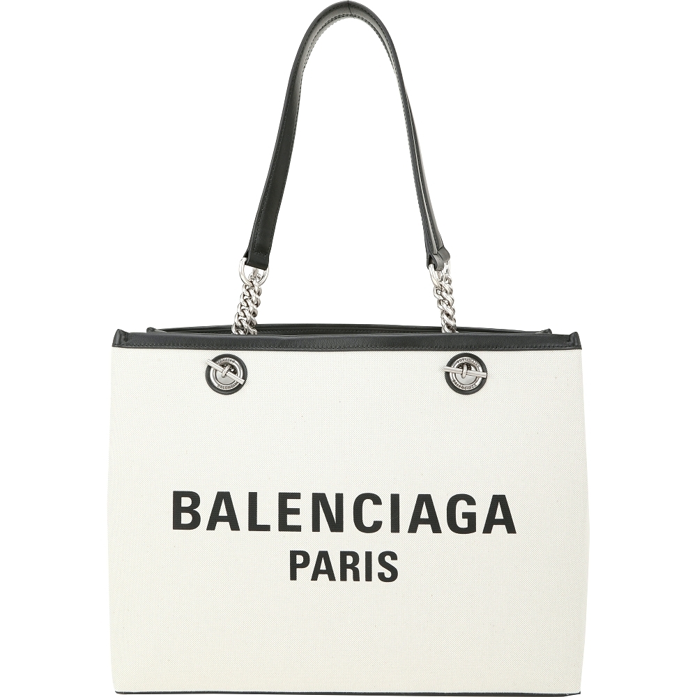 BALENCIAGA Duty Free 中型 字母印花帆布肩背托特包(米白色)