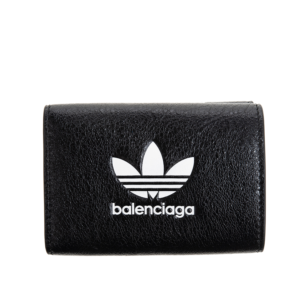 Balenciaga X adidas 限量聯名三葉草LOGO皮革三折小短夾 (黑色)