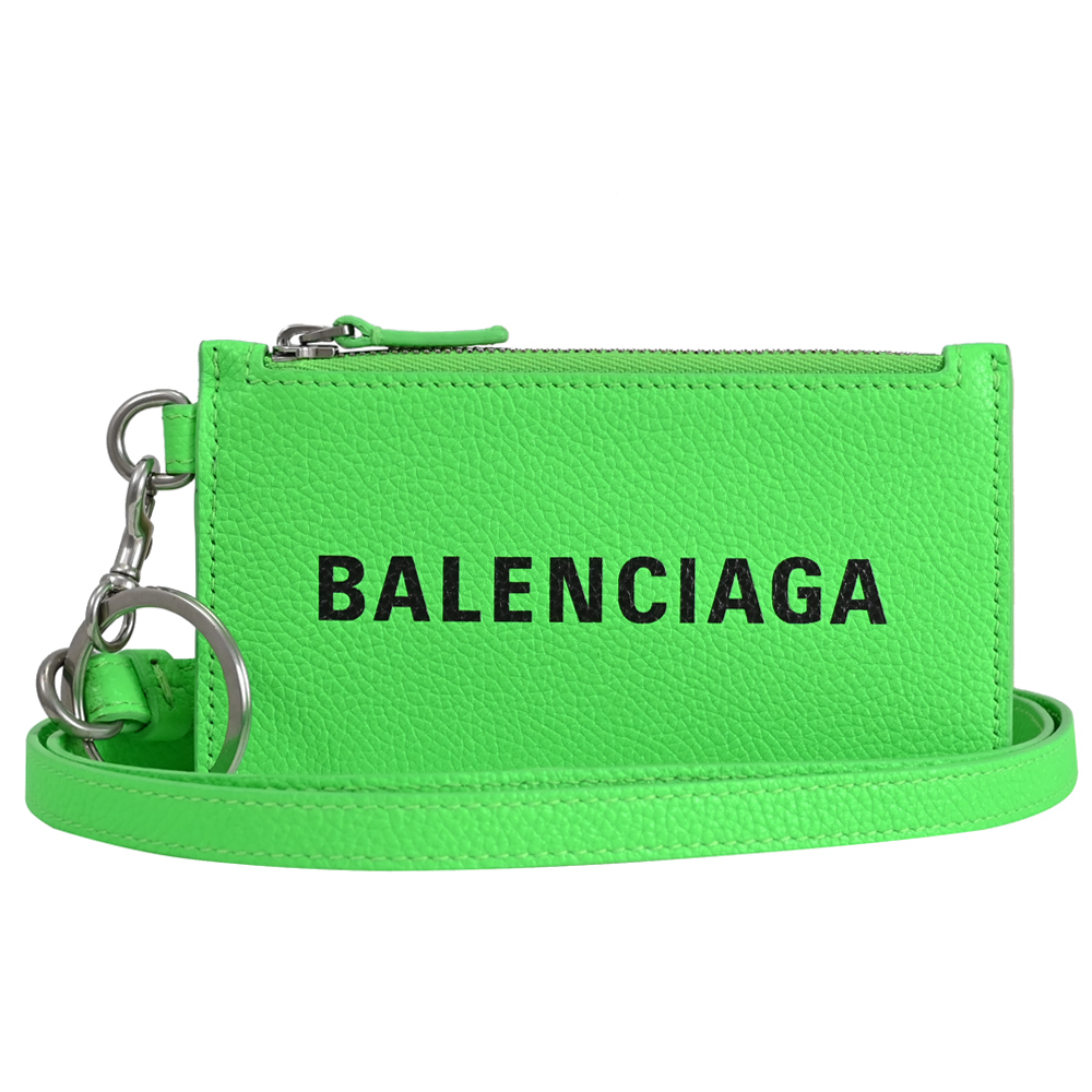 BALENCIAGA 巴黎世家 594548 品牌LOGO斜背頸掛牛皮證件零錢包.螢光綠