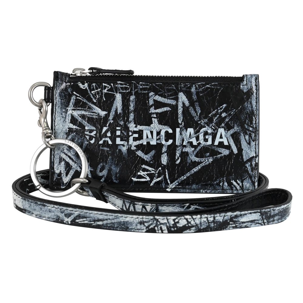 BALENCIAGA 巴黎世家 594548 品牌LOGO塗鴉小羊皮斜背頸掛卡片零錢包.黑/白