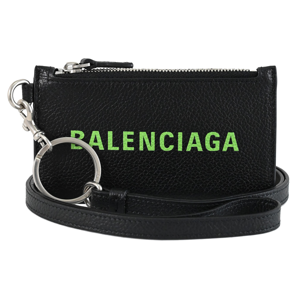 BALENCIAGA 巴黎世家 594548 品牌LOGO斜背頸掛牛皮證件零錢包.黑/綠