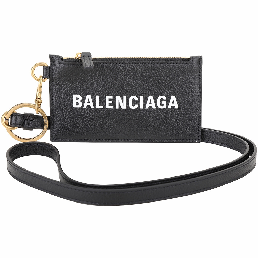 BALENCIAGA 巴黎世家 可拆掛頸背帶字母小牛皮卡片夾/零錢包(黑色)