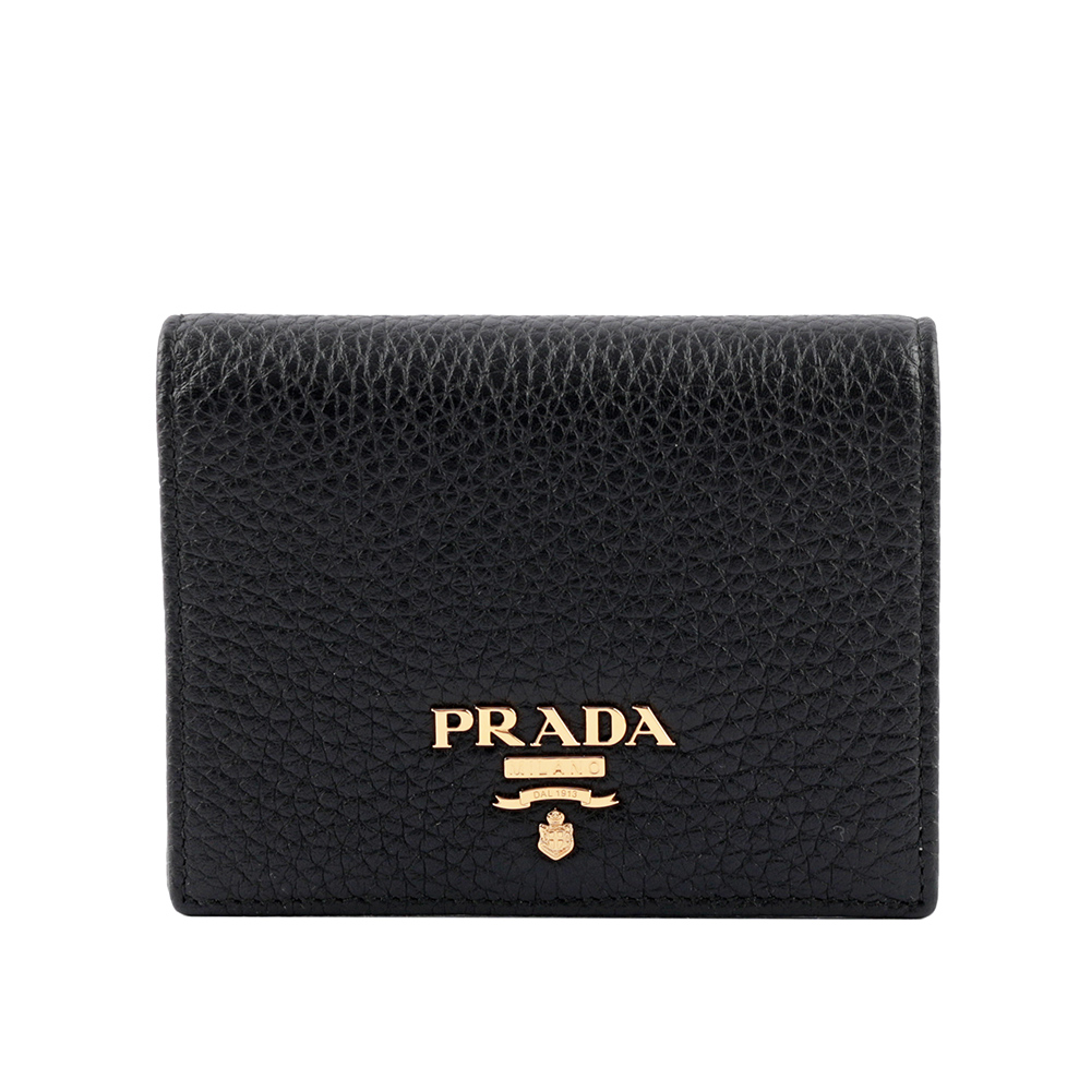 PRADA 浮雕Logo荔枝皮革二折短夾(黑色) 1MV204 2E3A F0002