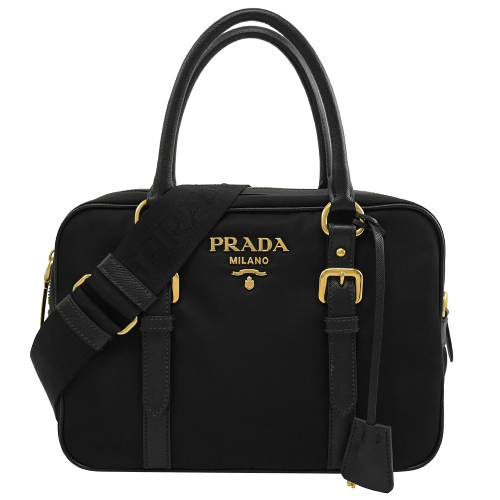 PRADA 1BB088 經典浮雕LOGO尼龍兩用手提包.黑-附鎖組