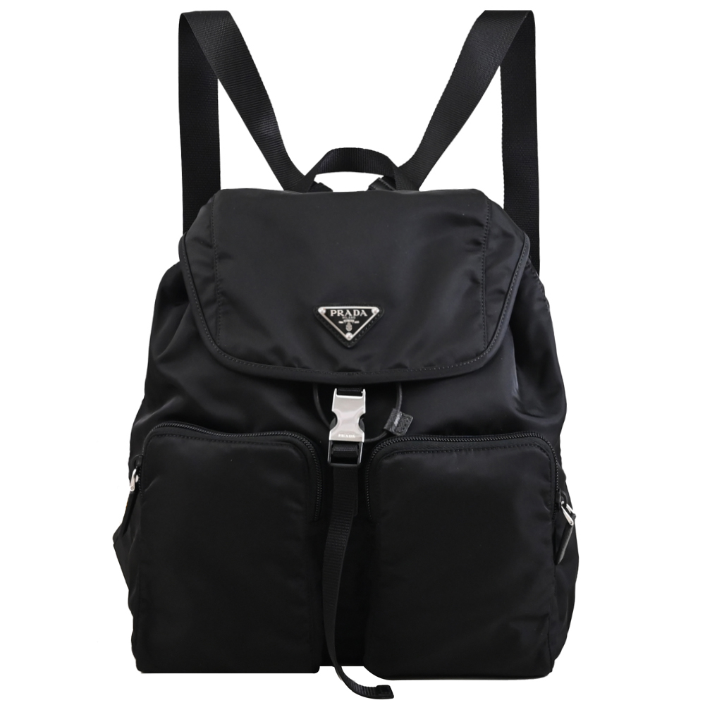PRADA 普拉達 經典三角LOGO尼龍帆布束口後背包.黑/大