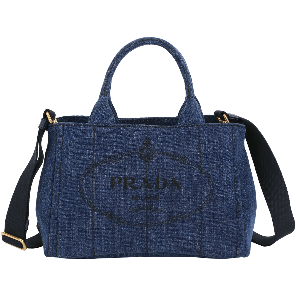 PRADA Canvas 徽標印花單寧帆布手提/斜背托特包(深藍色)