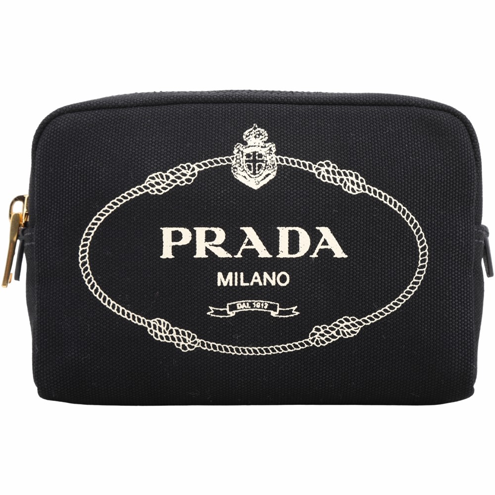 PRADA Canvas 徽標印花條紋襯裡帆布化妝包(黑色)
