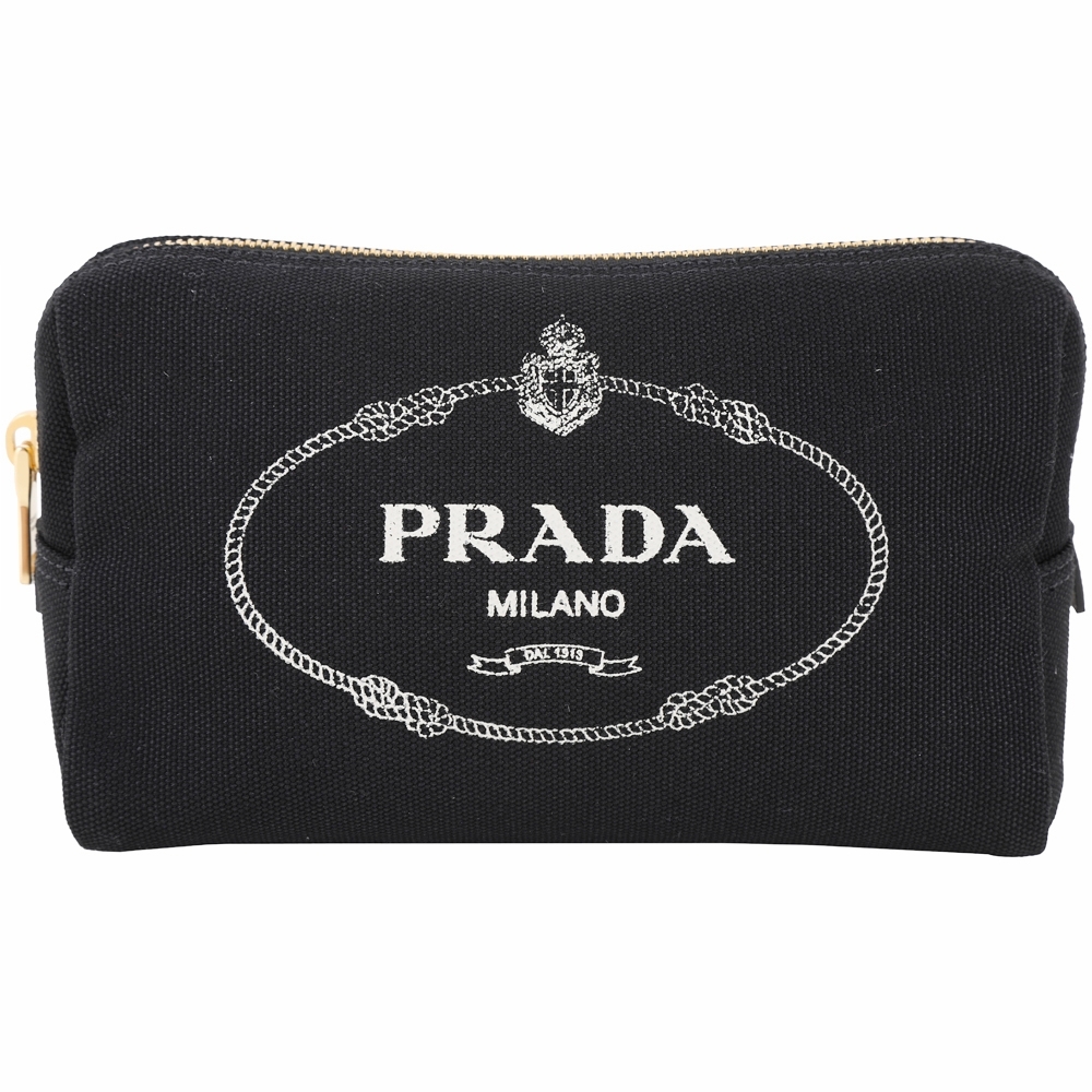 PRADA Canvas 徽標印花三角形帆布化妝包(黑色)