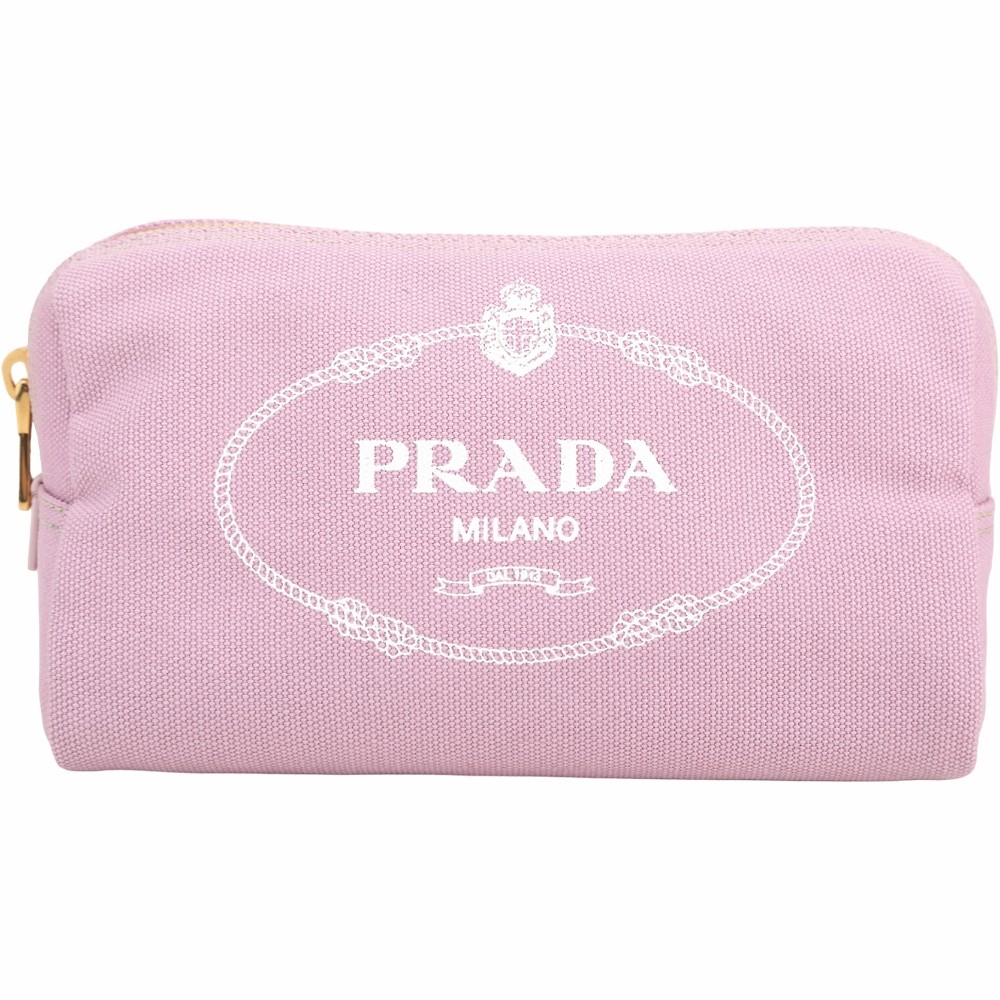 PRADA Canvas 徽標印花條紋襯裡三角型帆布化妝包(粉紫色)