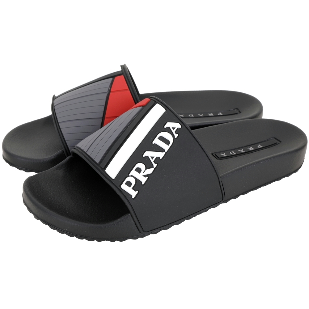 PRADA 標籤系列 色塊拼接橡膠拖鞋(黑色)