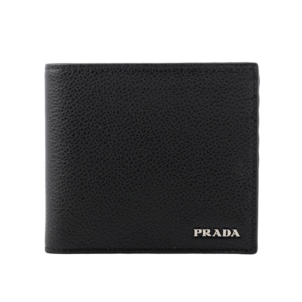 PRADA 銀字Logo 粒紋牛皮對開8卡短夾(黑色) 2MO513 2CGS F0002