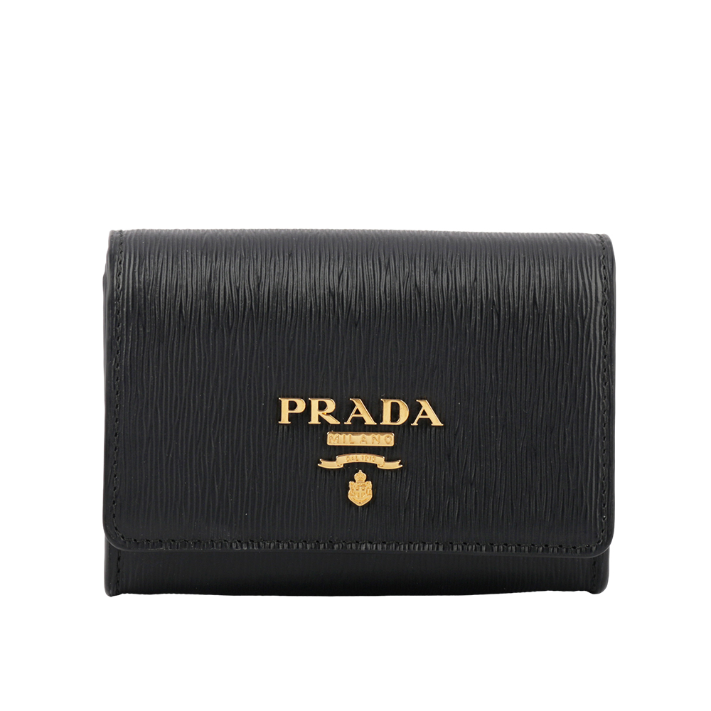 PRADA 浮雕Logo 水波紋皮革翻蓋卡夾/零錢包(黑色) 1MH026 2B6P F0002