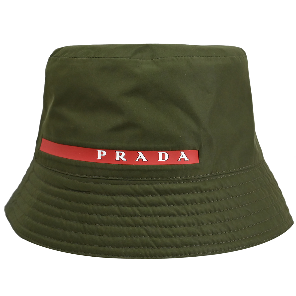 PRADA 2HC137 燙印LOGO撞色尼龍漁夫帽.橄欖綠/紅