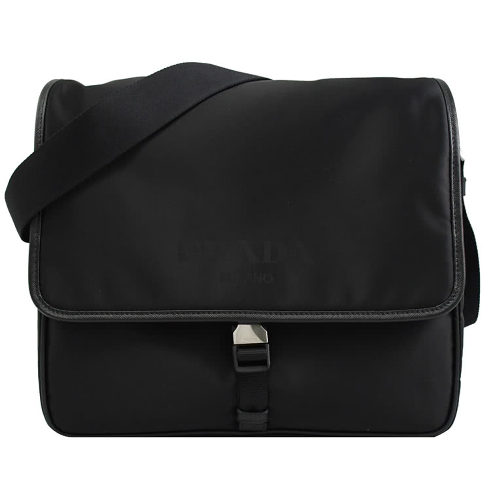 PRADA 2VD166 經典大LOGO尼龍皮飾邊斜背斜揹包.黑 大