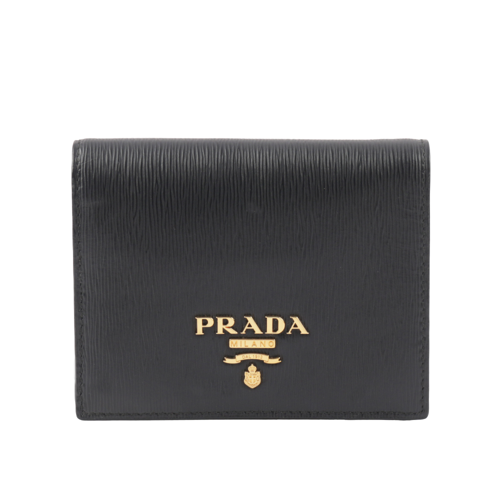 PRADA 浮雕Logo 水波紋皮革二折零錢袋短夾(黑色) 1MV204 2B6P F0002