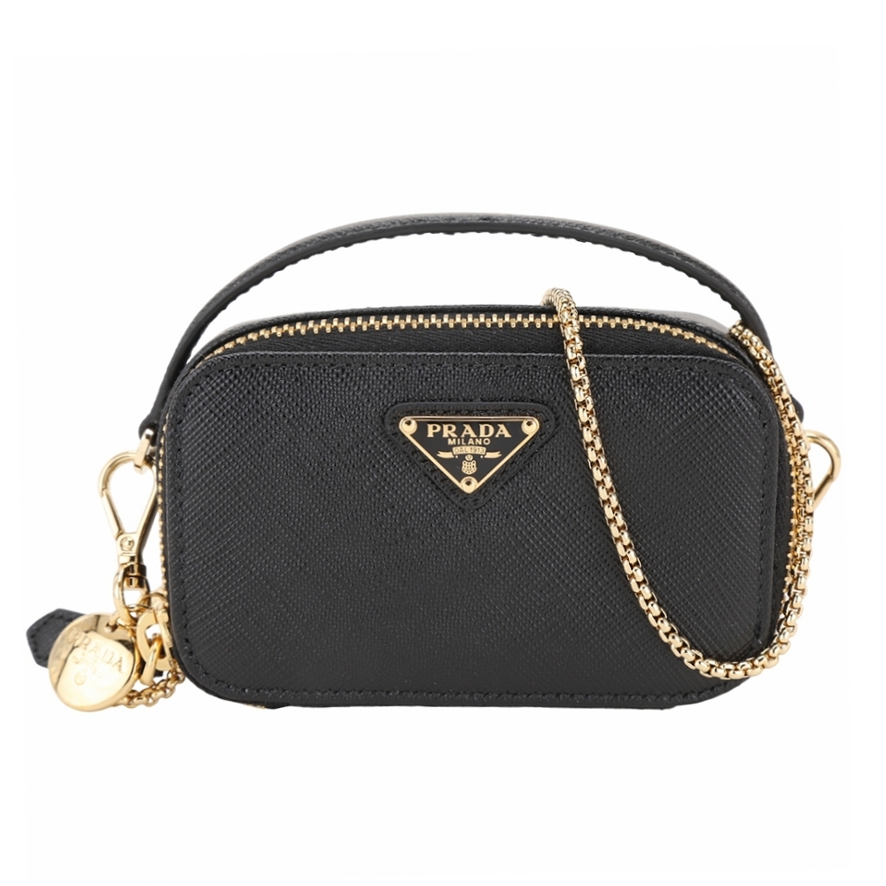 PRADA Saffiano 三角牌防刮牛皮可拆鍊帶 迷你斜背/化妝包(黑色)