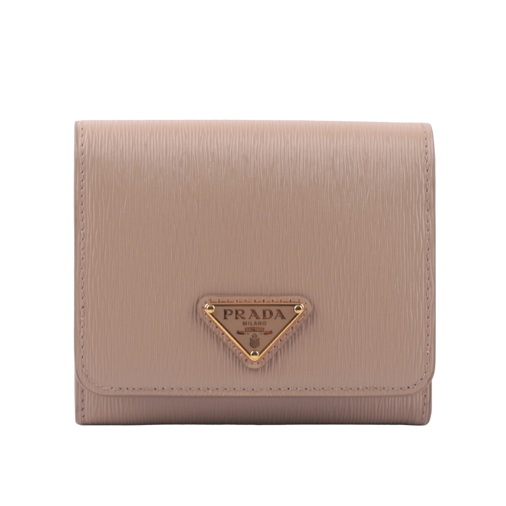 PRADA 三角牌Logo 水波紋皮革暗釦三折短夾(藕粉色) 1MH176 2DDU F0236