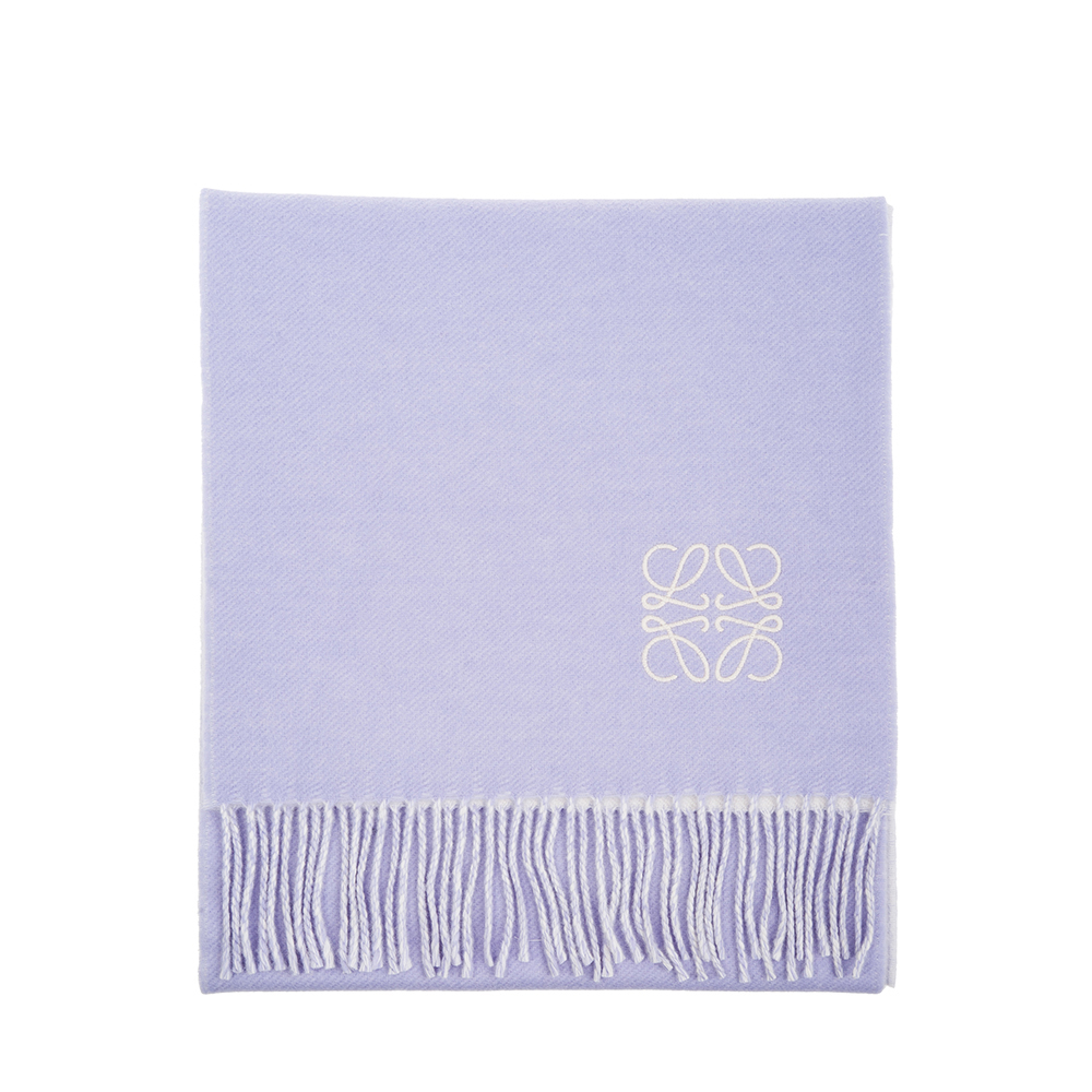 LOEWE 新款Anagram 圖案羊毛羊絨混紡雙色流蘇圍巾 (紫色/灰色)