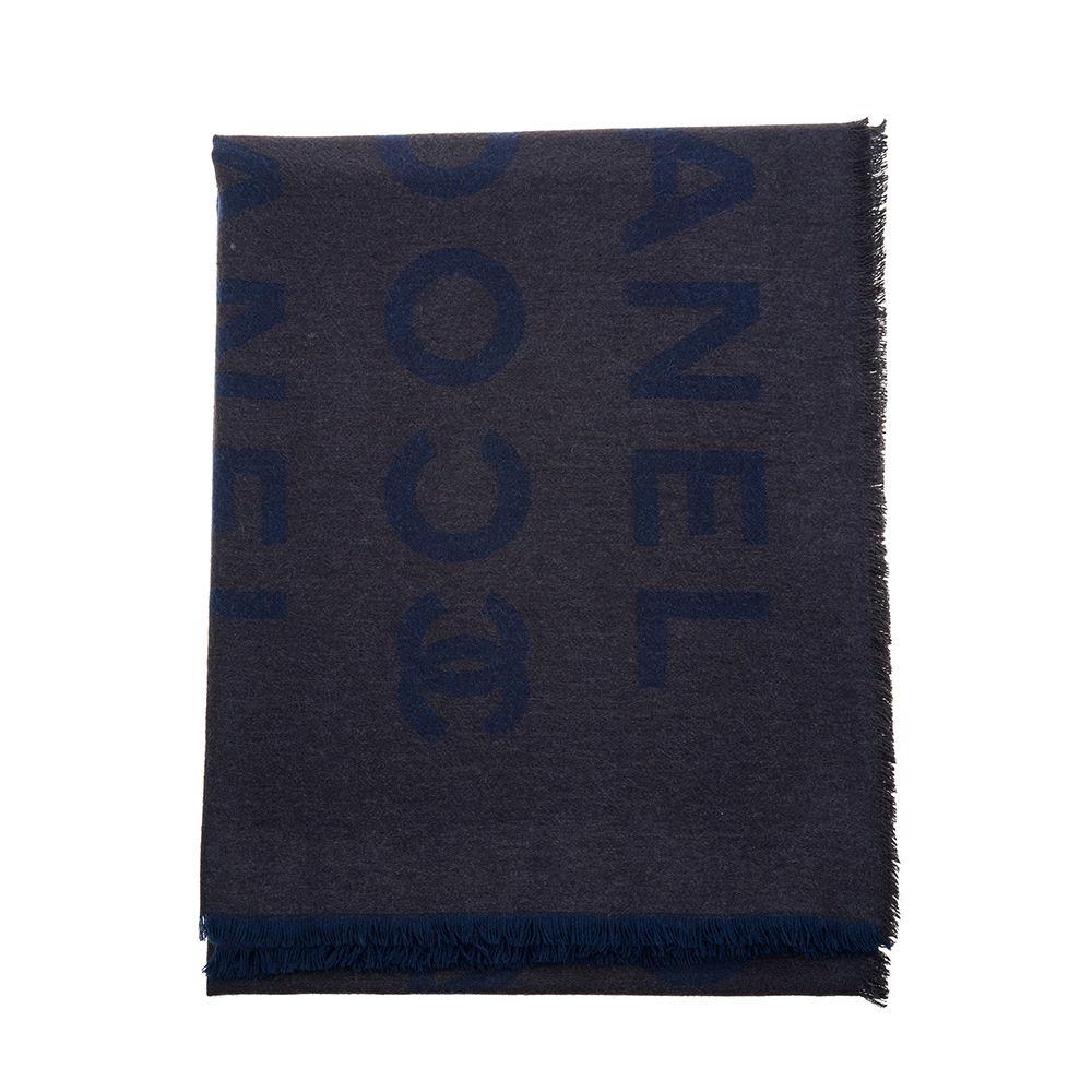 CHANEL 經典大CC LOGO羊絨圍巾 (藍色/灰色)