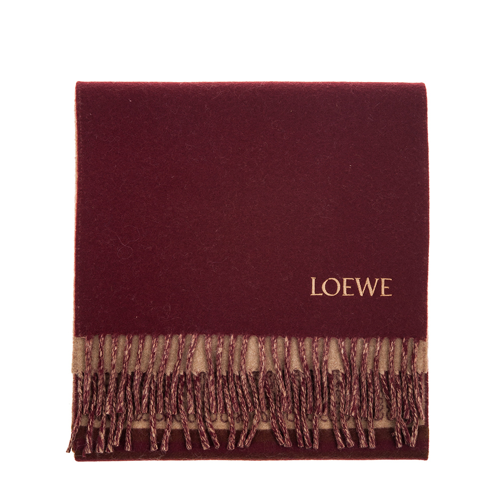 LOEWE 新款Anagram 刺繡圖案雙面羊毛羊絨混紡流蘇圍巾 (酒紅/紅色)