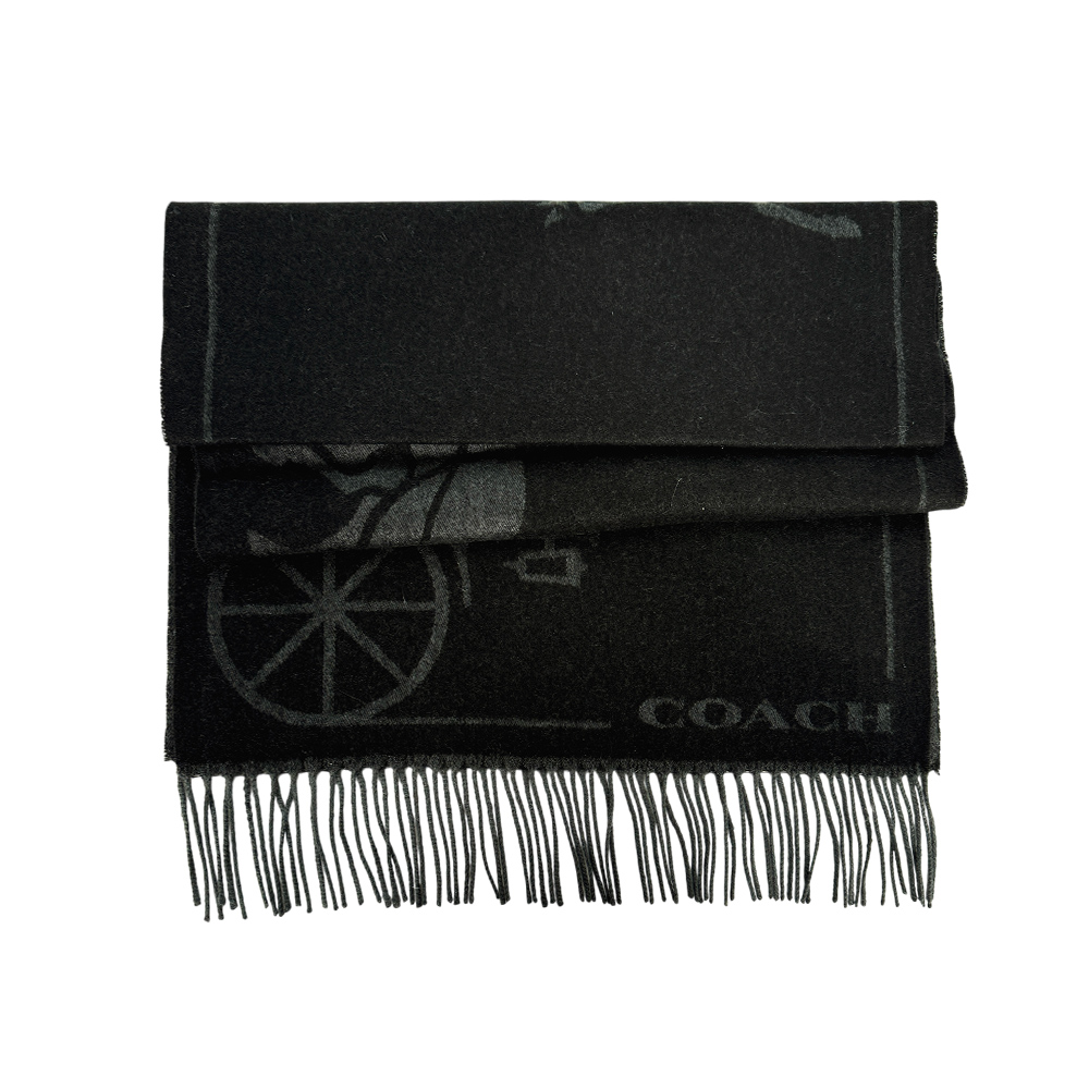 COACH 馬與馬車圖案羊毛及羊絨長版圍巾(黑色) CU808 BLK