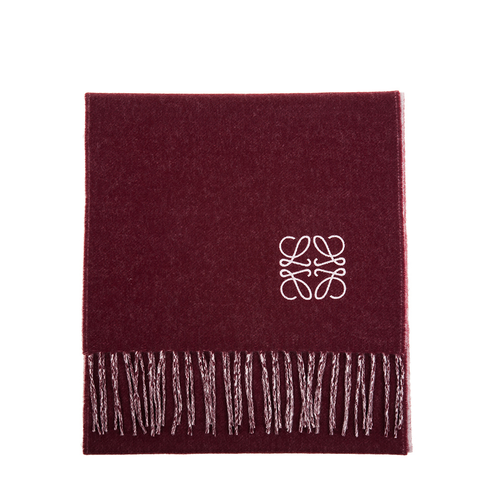LOEWE 經典刺繡Anagram 圖案羊毛羊絨混紡流蘇圍巾 (酒紅)