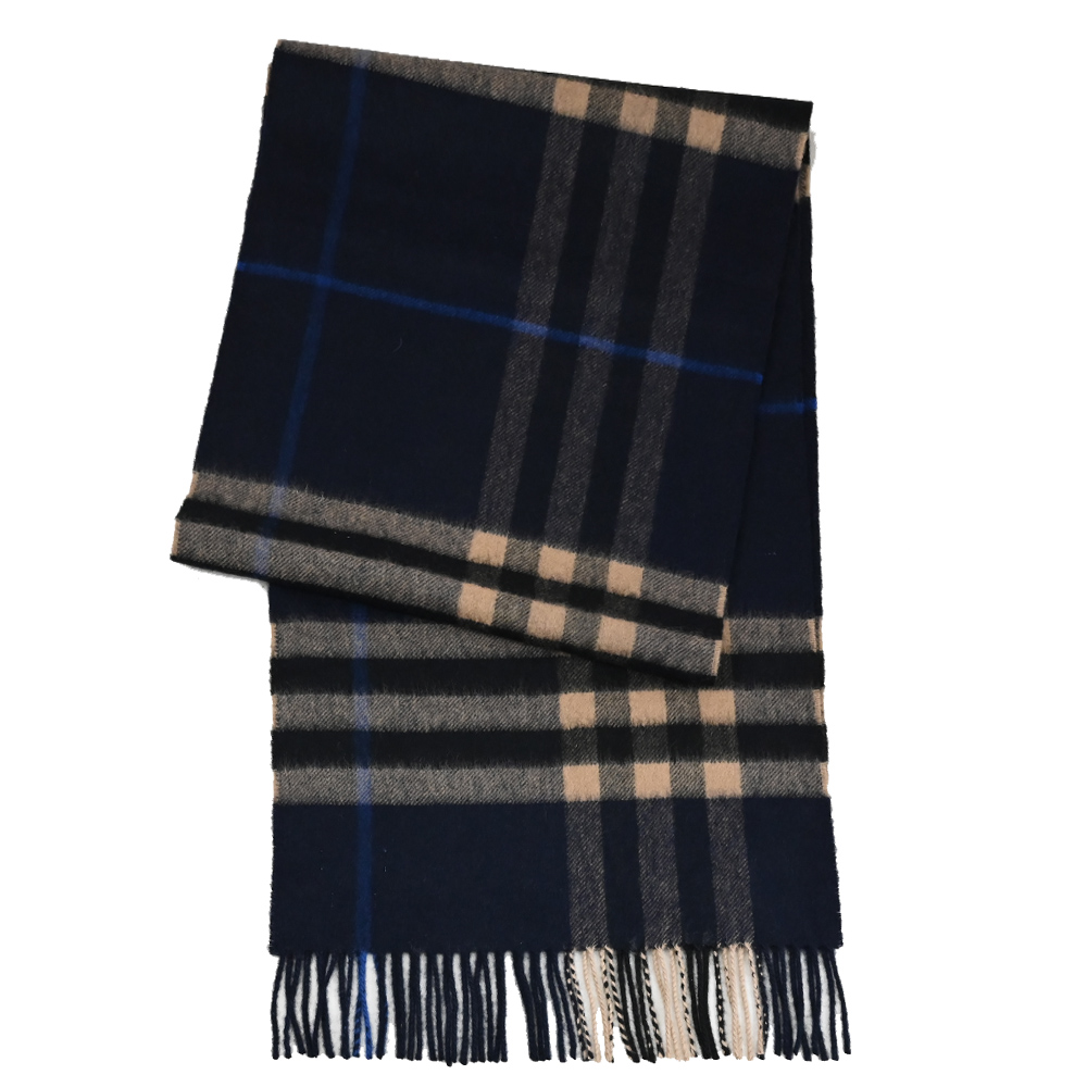 BURBERRY 8077879 經典格紋喀什米爾羊毛圍巾.深藍/棕