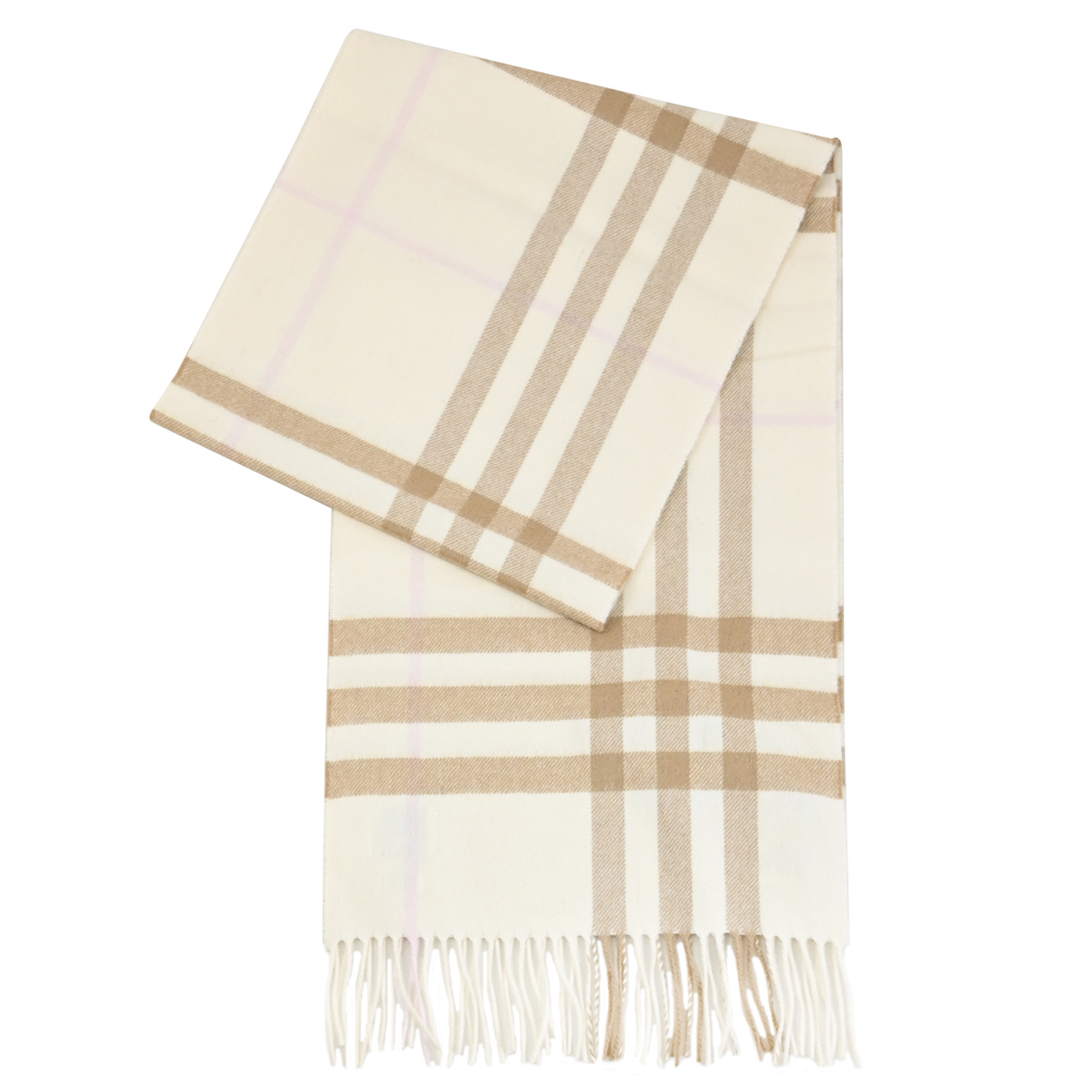 BURBERRY 8020814 經典格紋喀什米爾羊毛圍巾.米白/棕